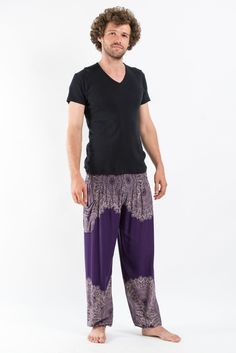 Floral Mandalas Men's Harem Pants in Purple Rayon Fabric, High Cut, Side Pocket, Gender Neutral