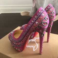 Pink Suede Peep-Toe Heels With Embroidery Details And Colorful Stones. Never Been Used, Have Had These Beauties In My Closet For Years So Decided It’s Time To Find Them A New Owner. Colorful Stones, Pink Suede, Crazy Shoes, Peep Toe Heels, Embroidery Details, Louboutin Shoes, Christian Louboutin Shoes, Pink And Gold, Shoes Women Heels