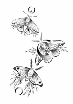 two butterflies flying next to each other in black and white ink on the back of a sheet