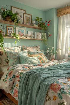 room ideas, bedroom inspo, small bedrooms, small rooms, mid century bedroom, blue bedroom, boho bedroom Colourful Aesthetic Bedroom, Decorating A One Bedroom Apartment, Mint Room Ideas, Small Cottagecore Bedroom, Simple Cottage Bedroom, Small Bedroom Ideas King Size Bed, Blue Green Pink Bedroom, Mint Blue Room, Bedroom Ideas Colourful