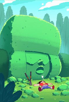 a cartoon character laying on the ground in front of a giant green object with trees and bushes around it