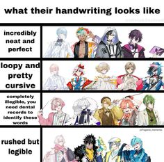 four different types of anime characters with caption that says, what their handwriting looks like