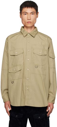 Polyester- and cotton-blend poplin shirt. · Extended trim at spread collar · Button closure · D-rings at front · Flap pockets · Shirttail hem · Flap and patch pocket at sleeve · Single-button barrel cuffs · Storm flap at back yoke Supplier color: Khaki Safari Uniform, Safari Shirt, D Rings, Mens Button Up, Pocket Shirt, Military Inspired, Engineered Garments, Poplin Shirt, Brand Colors