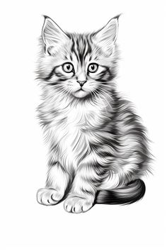 a black and white drawing of a kitten