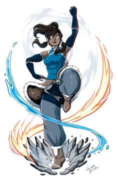 a drawing of a woman in blue and white holding a large object with flames coming out of it