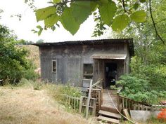 an old outhouse in the woods with stairs leading up to it's door