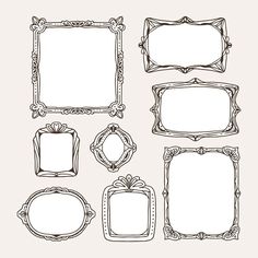 a set of ornate frames with decorative ornaments on the edges, hand drawn in black and white