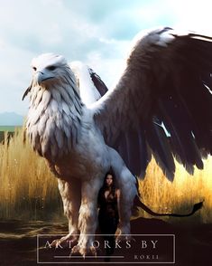 a woman standing next to a large white bird with wings spread out in front of her