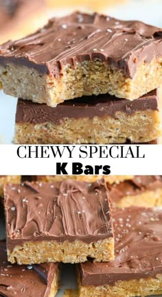 chewy special k bars with chocolate frosting on top