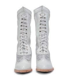 Description Leather and lace boot. Welted outsole, leather wrapped heel Mid-Calf 3" heel 6 hole lace up with 5 speed-lace hooks, 9" Shaft Old Fashion Shoes, Victorian Wedding Boots, Wedding Boots, Victorian Wedding, Wrap Heels, Cute Boots, 3 Inch Heels, Bridal Look, Tree Farms