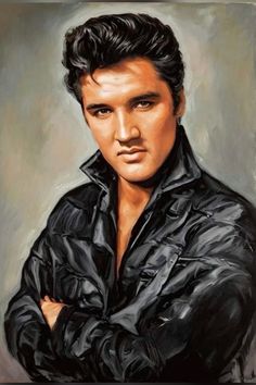 a painting of elvis presley in black leather jacket with his hands on his chest and arms crossed