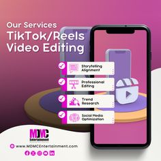 an advertisement for a video editing company with the text our services tik tok / reels video editing