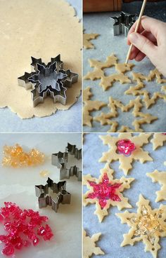 the process of making star shaped cookies is being made with cookie cutters and icing