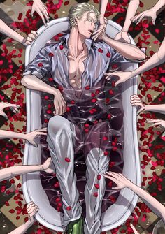 an anime character sitting in a bathtub surrounded by red petals, with his arms around him