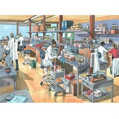 a painting of some people working in a lab