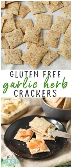 gluten free garlic herb crackers on a black plate with the text overlay