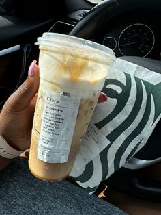 A Venti Iced Shaken Espresso from Starbucks with customized syrups and caramel drizzle, held in a hand with a pink manicure, with a Starbucks sandwich bag in the background. Starbucks Shaken Espresso, Iced Shaken Espresso, Blonde Espresso, Vanilla Sweet Cream, Shaken Espresso, Starbucks Order, Caramel Drizzle, Sugar Free Syrup