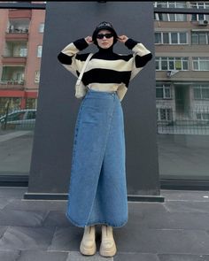 Blue Skirt Outfit Ideas Hijab, Long Jeans Skirt Outfit Hijab, Long Denim Skirt Outfit Hijab, Denim Skirt Outfit Hijab, Maxi Jean Skirt Outfits Hijabi, Long Denim Skirt Hijab Outfit, Jeans Skirt Outfit Hijab, Hijabi Denim Skirt, Modest Outfits Winter