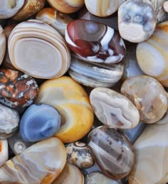 many different types of rocks are shown together in this image, including one with blue and white marbles on it