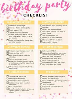 a birthday party checklist with pink and yellow stars on the top, in front of a