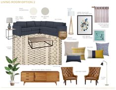 a living room design board with furniture and accessories