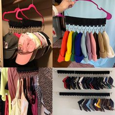 there are many different types of hats hanging on the rack and in front of each other