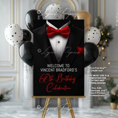 a welcome sign with balloons in the shape of a tuxedo and bow tie