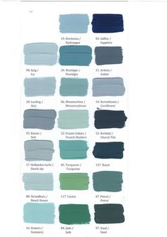 the shades of blue, green and gray are shown in this color swat list for interior paint