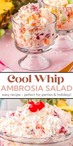 a small trifle dish with a scoop of ambrosia salad in it Ambrosia Salad With Cottage Cheese, Pink Lady Salad Recipe, Watergate Salad Recipe, Fruit Ambrosia Salad, Recipes From The 70's, Ambrosia Fruit Salad With Cool Whip, Angel Salad Recipe, Ambrosia Salad With Cool Whip