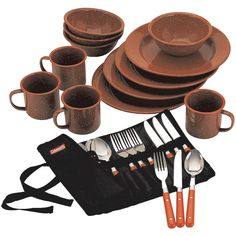 a set of brown dinnerware and utensils