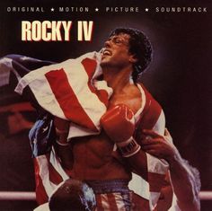 rocky iv movie poster with an american flag draped over his shoulders and holding a boxing glove