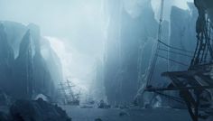 an image of a boat in the water near some icebergs and cliffs at night