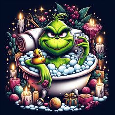 an image of a cartoon character taking a bath with candles and gifts around him on a black background