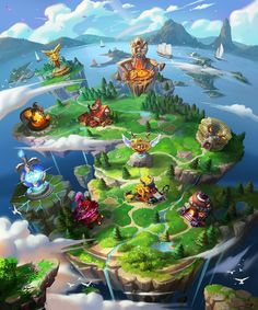 an island in the sky with many different types of animals and plants on top of it