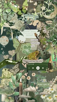 a collage with many different images and words on it, including flowers, leaves, butterflies