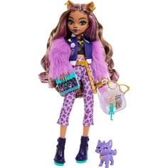 a doll with purple hair holding a purse and standing next to a small pony toy