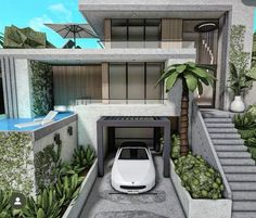 a white car is parked in front of a house with stairs and palm trees on the other side