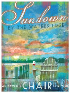 the book cover for sundown by the waters edge, with a painting of a beach chair