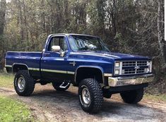 a blue pick up truck parked on a dirt road in front of trees and grass