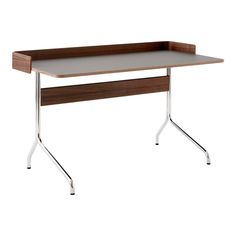 a wooden desk with metal legs and a gray top on an isolated white background,