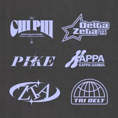 several different logos on a black background