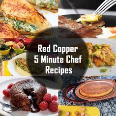 red copperr 5 minute chef recipes are on the table with plates and pans