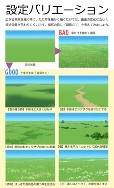 an image of green grass and water with the words good written in japanese on it