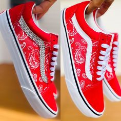 Customized Old Skool Red Vans with bandana leather print stitched on shoes.  *Make sure you select if you want them with rhinestones or not. *Verify shoe size and address when placing order. *Allow 1-3 weeks for shoes to be done. If any questions feel free to message me. Red Bandana Shoes, Bandana Shoes, Tie Sneakers, Custom Shoes Diy, Flower Wall Wedding, Red Vans, Shoes Diy, Red Bandana, Bandana Print