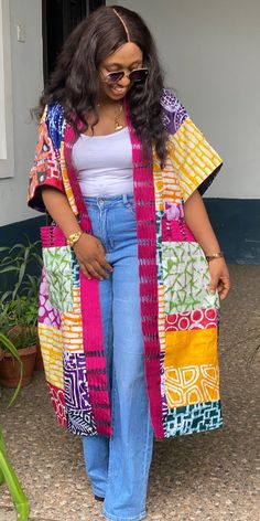 #kimono African Print Kimono Ankara Styles, African Kimono Ankara, Casual African Outfits For Women, Ankara Cardigan, Ankara Casual Styles, Ankara Outfits For Ladies, Habibi Fashion, Ankara And Jeans, Kimono Ankara Styles