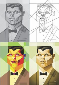 four different types of men's faces with geometric shapes in the middle one is wearing a tuxedo and the other has a bow tie