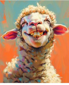 a painting of a sheep with its mouth open and eyes wide open, smiling at the camera