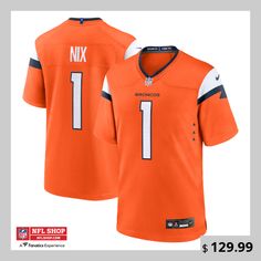 Represent your favorite team and player by grabbing this Bo Nix 2024 NFL Draft First Round Pick Player Game Jersey from Nike. Complete with the Denver Broncos trademark colors and graphics you love, this jersey is the best way to show support for the Denver Broncos for seasons to come! Nike Team Spirit Jersey For Sports Events, Nike Team Jersey With Logo, Nike Jersey With Team Name For Football Season, Nike Team Spirit Jersey With Team Logo, Sports Varsity Jersey With Team Logo, Nike Sporty Jersey For Game Day, Nike Football Season Jersey With Team Logo, Football Season Sports Jersey With Team Logo, Team-colored Jersey For Game Day