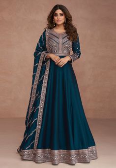 Shamita shetty Silk abaya style Anarkali suit in teal colour 9517  Desc:  Style : Long Anarkali Suits Color : Teal Fabric : Silk Work : Sequence   Embroidery Wash Care : Dry clean Sleeve Style : Full Sleeve Long Sleeves : Done only in Custom Stitch Sleeves Lining : Done only in Custom Stitch Bust Size : 32 to 42 Inches Occasion : Party Wear   Wedding   Christmas   Sangeet   Engagement   Reception   Ceremonial. With Express Free Shipping and Custom Stitching, Buy Indian Party wedding and bridal A Silk Anarkali Suits, Blue Anarkali, Floor Length Anarkali, Silk Anarkali, Gown With Dupatta, Long Anarkali, Gown Suit, Party Wear Gown, Silk Bottoms