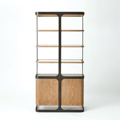 a wooden shelf with two glass shelves on each side and black metal bars at the top